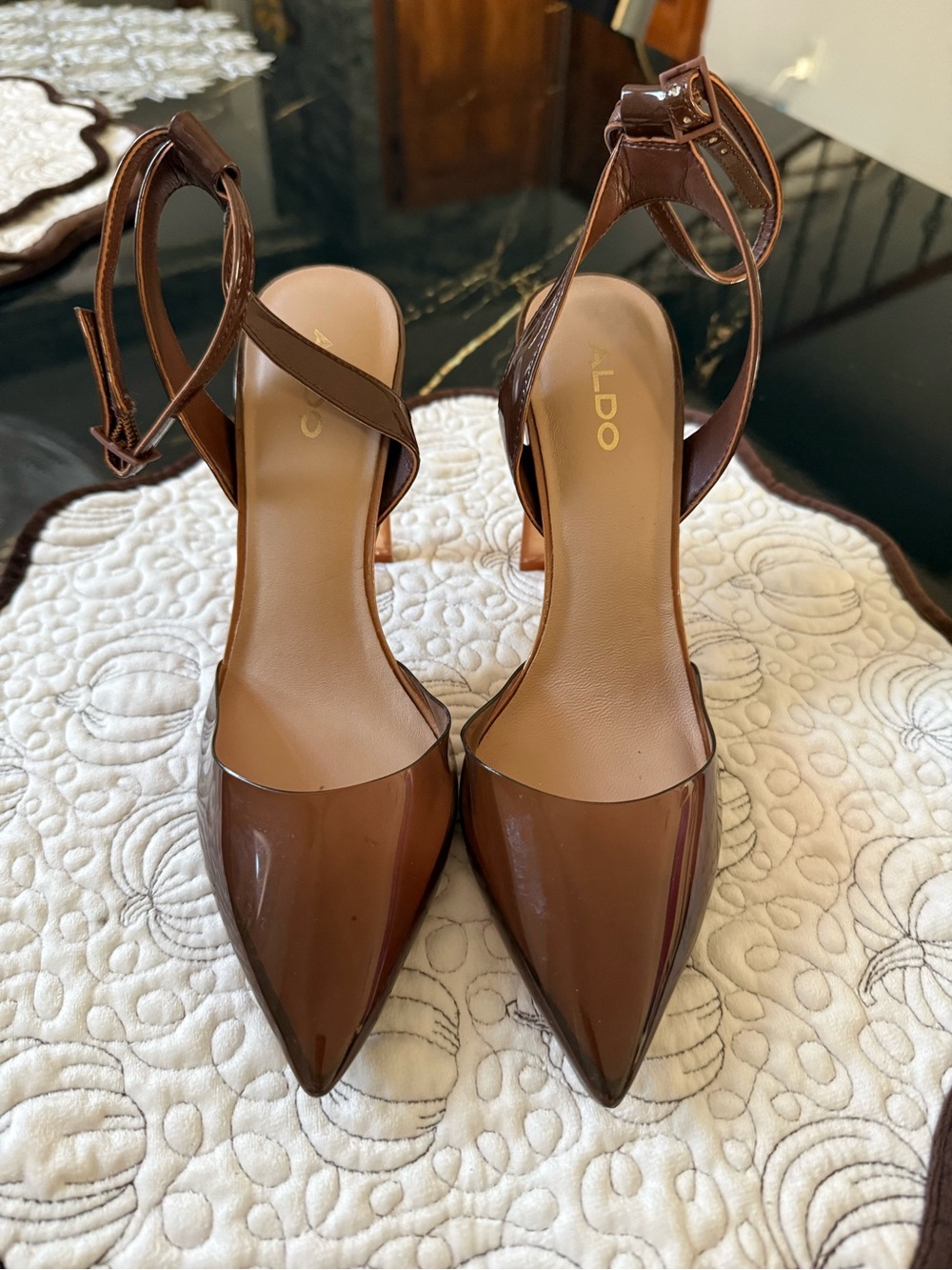 Aldo Glossy Brown Pointed Ankle-Strap Pumps